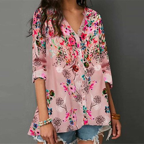 

Women's Scenery Blue & White Print Loose Tunic Basic Elegant Daily Going out V Neck Purple / Blushing Pink / Light Blue