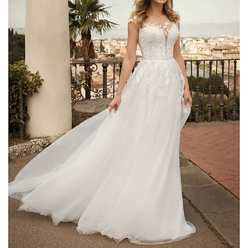 

A-Line Wedding Dresses Jewel Neck Sweep / Brush Train Tulle Cap Sleeve Country Plus Size with Embroidery Appliques 2021