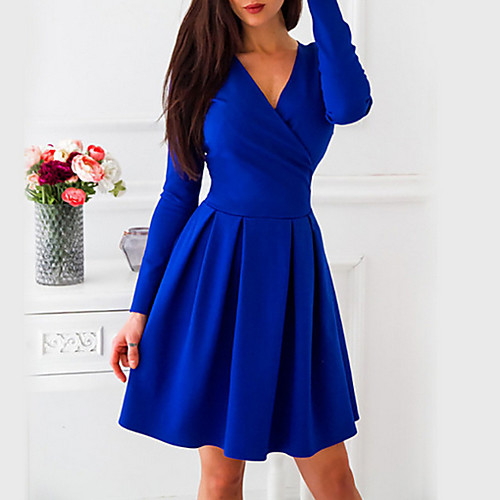 

Women's A Line Dress - Long Sleeve Solid Colored V Neck Wine White Black Blue Gray S M L XL