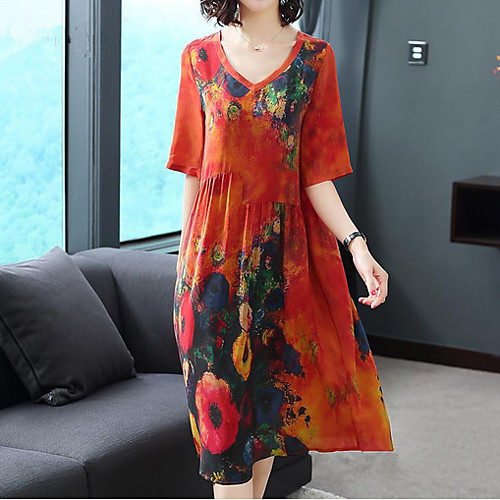 

Women's Shift Dress Midi Dress - 3/4 Length Sleeve Geometric V Neck Elegant Red Green M L XL XXL XXXL XXXXL XXXXXL