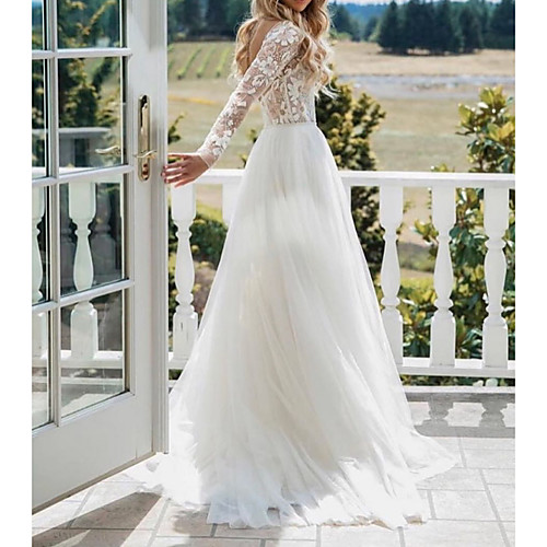 

A-Line Wedding Dresses V Neck Sweep / Brush Train Polyester Long Sleeve Sexy Plus Size with Lace Embroidery 2020