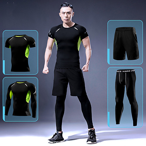 

Men's Patchwork Activewear Set Workout Outfits Compression Suit Athletic Athleisure Long Sleeve 4pcs Elastane Thermal Warm Breathable Quick Dry Fitness Gym Workout Running Active Training Jogging