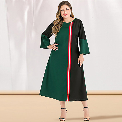 

Women's Plus Size Maxi A Line Dress - Long Sleeve Color Block Solid Color Patchwork Spring & Summer Casual Elegant Daily Going out Green L XL XXL XXXL XXXXL