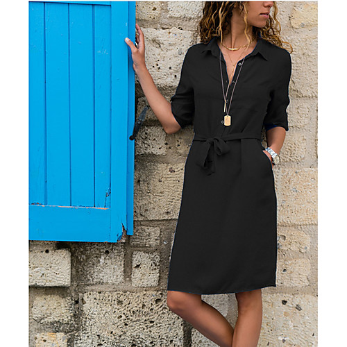

Women's Sheath Dress - Long Sleeve Solid Color Shirt Collar Black Green Navy Blue Light Blue S M L XL XXL