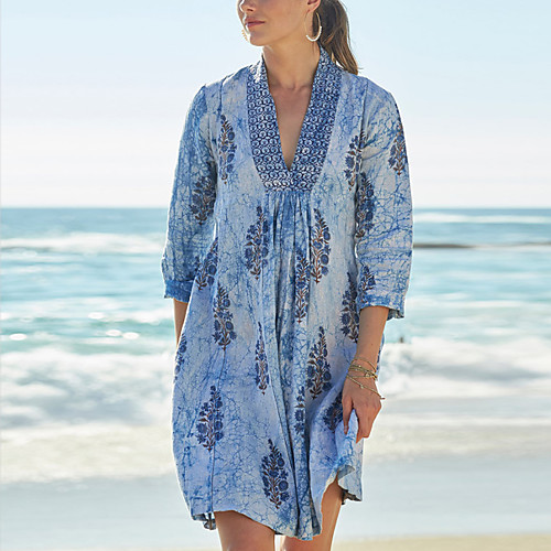 

Women's Sheath Dress Blue Knee Length Dress - Half Sleeve Floral Patchwork Spring Summer V Neck Basic Daily Belt Not Included Floral Blue S M L XL XXL