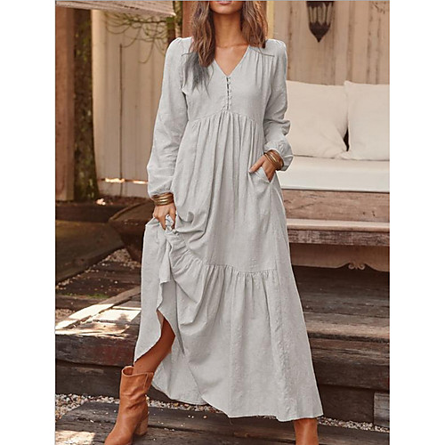 

Women's Maxi Shift Dress - Long Sleeve Solid Color V Neck Loose Yellow Royal Blue Light gray Brown Light Blue S M L XL XXL XXXL