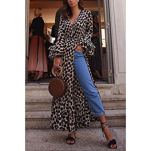 

Women's Maxi Sheath Dress - Long Sleeve Leopard Deep V Slim Blue Red Khaki Beige S M L XL XXL