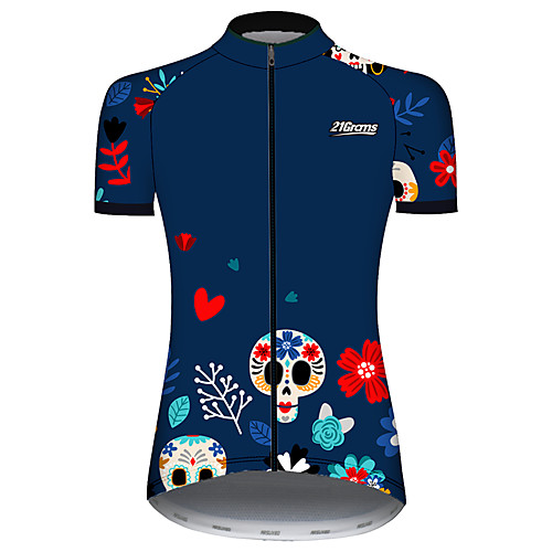 

21Grams Women's Short Sleeve Cycling Jersey Spandex Blue Skull Floral Botanical Bike Jersey Top Mountain Bike MTB Road Bike Cycling UV Resistant Quick Dry Breathable Sports Clothing Apparel