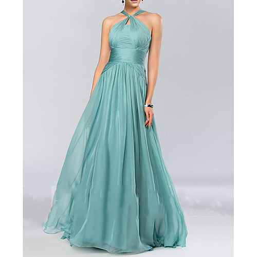 

A-Line Halter Neck Floor Length Chiffon Bridesmaid Dress with Pleats / Draping