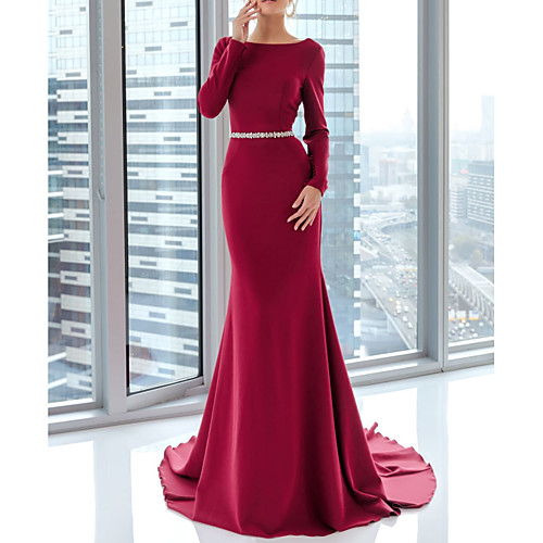 

Mermaid / Trumpet Elegant Engagement Formal Evening Dress Boat Neck Long Sleeve Court Train Satin with Sash / Ribbon 2021
