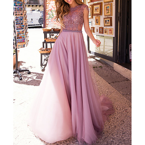 

A-Line Cut Out Sexy Engagement Prom Dress Jewel Neck Sleeveless Floor Length Satin Tulle with Sash / Ribbon Appliques 2021