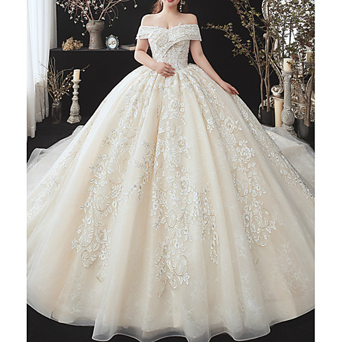 

Ball Gown Wedding Dresses Off Shoulder Watteau Train Lace Tulle Short Sleeve Formal Wedding Dress in Color with Appliques 2021