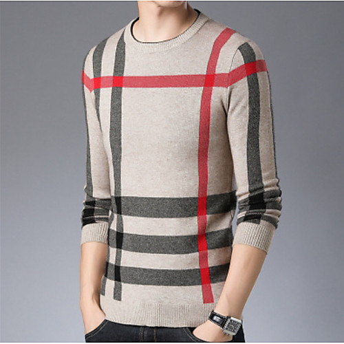 

Men's Color Block Pullover Long Sleeve Sweater Cardigans Round Neck Black Khaki Navy Blue