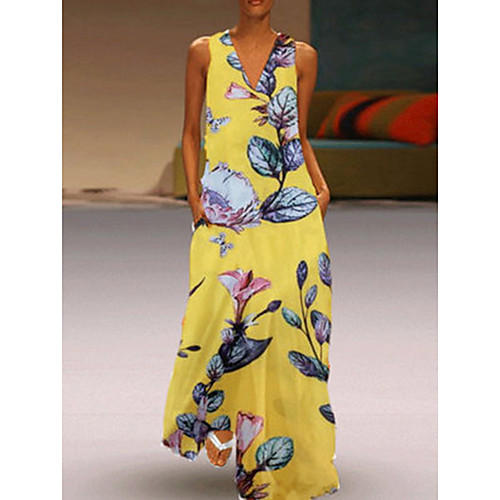 

Women's Maxi Sheath Dress - Sleeveless Floral V Neck Elegant White Yellow Beige Light Blue S M L XL XXL XXXL XXXXL