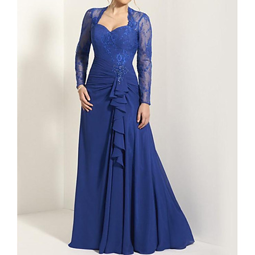 

A-Line Mother of the Bride Dress Elegant Sweetheart Neckline Floor Length Chiffon Lace Satin Long Sleeve with Pleats Draping 2021