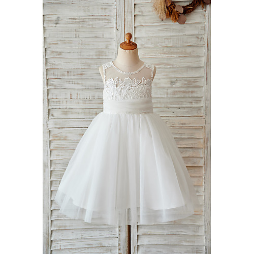 

Ball Gown Knee Length Wedding / Birthday Flower Girl Dresses - Lace / Tulle Sleeveless Jewel Neck with Lace