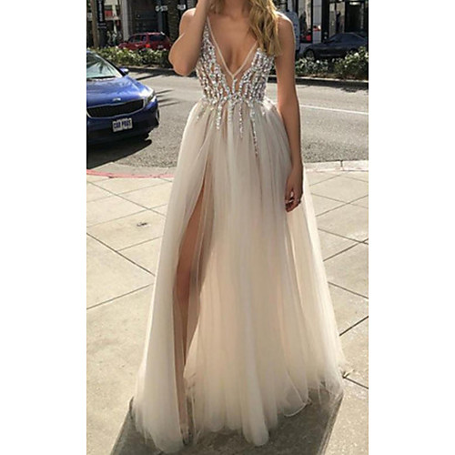 

A-Line White Sexy Engagement Prom Dress V Neck Sleeveless Floor Length Tulle with Beading Split 2021