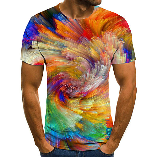 

Men's T shirt Graphic Geometric 3D Plus Size Pleated Print Short Sleeve Daily Tops Streetwear Exaggerated Rainbow