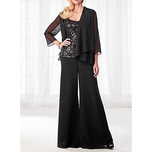 

Pantsuit / Jumpsuit Mother of the Bride Dress Elegant Jewel Neck Floor Length Chiffon Satin 3/4 Length Sleeve with Sequin 2021