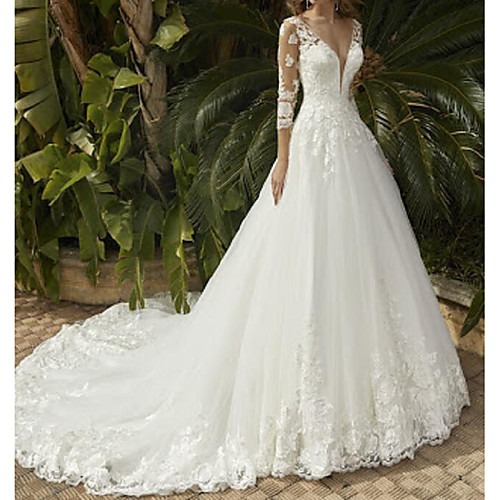 

A-Line Wedding Dresses V Neck Sweep / Brush Train Tulle Polyester 3/4 Length Sleeve Country Plus Size Illusion Sleeve with Embroidery 2021