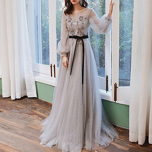 

A-Line Floral Engagement Prom Dress Jewel Neck Long Sleeve Sweep / Brush Train Tulle with Appliques 2021