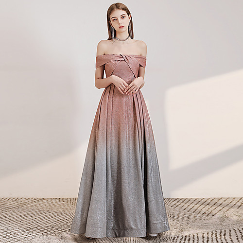 

A-Line Color Block Sparkle Engagement Formal Evening Dress Off Shoulder Short Sleeve Floor Length Sequined with Sequin 2021