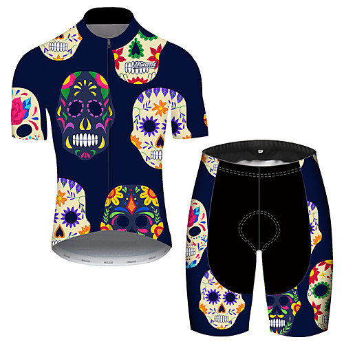 

21Grams Men's Short Sleeve Cycling Jersey with Shorts Spandex Polyester Bule / Black Skull Floral Botanical Bike Clothing Suit UV Resistant Breathable Quick Dry Sweat-wicking Sports Skull Mountain