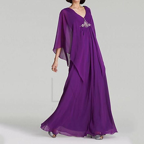 

A-Line Mother of the Bride Dress Elegant V Neck Floor Length Chiffon 3/4 Length Sleeve with Beading Sequin 2021