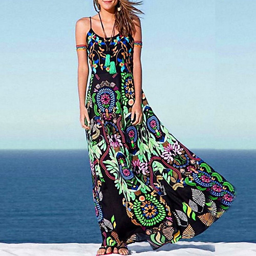 

Women's Swing Dress - Sleeveless Print Strap V Neck Black S M L XL / Cotton