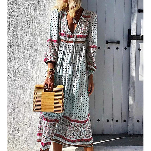 

Women's Shift Dress - Long Sleeve Print V Neck Loose Blue Red Gray Light Blue S M L XL XXL