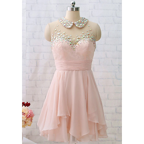 

A-Line Flirty Homecoming Cocktail Party Dress Illusion Neck Sleeveless Short / Mini Chiffon with Pleats Beading 2021