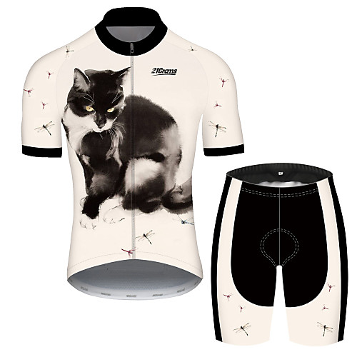 

21Grams Men's Short Sleeve Cycling Jersey with Shorts Spandex Pink / Black Cat Animal Bike UV Resistant Quick Dry Breathable Sports Cat Mountain Bike MTB Road Bike Cycling Clothing Apparel