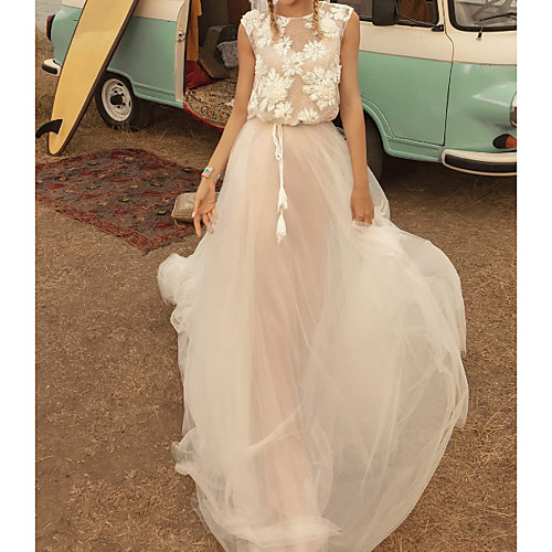 

A-Line Wedding Dresses Jewel Neck Sweep / Brush Train Tulle Polyester Short Sleeve Country Plus Size with Appliques 2021