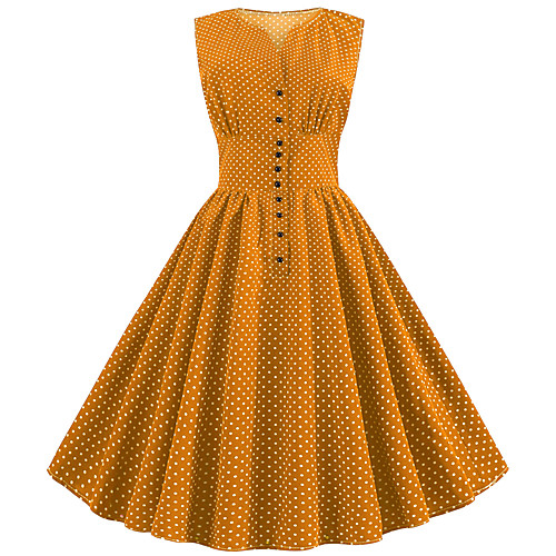 

Women's Swing Dress - Sleeveless Polka Dot Patchwork Print V Neck Vintage Style Street chic Party Daily Belt Not Included Yellow S M L XL XXL / Cotton
