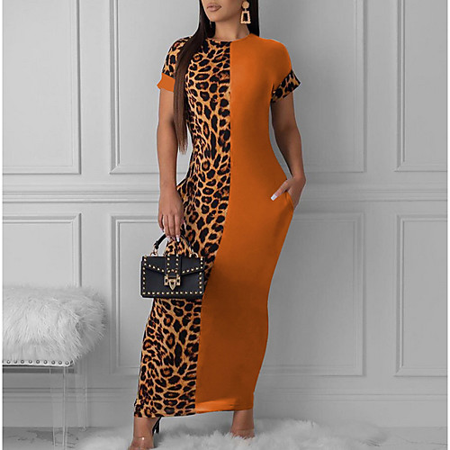 

Women's Maxi Sheath Dress - Short Sleeve Leopard Black Orange S M L XL XXL XXXL