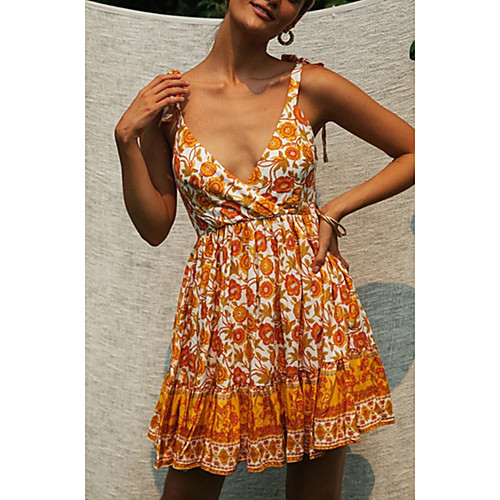 

Women's Daisy A Line Dress - Sleeveless Floral Print Color Block Print Spring & Summer Strap Boho Sexy Daily Going out Yellow S M L XL