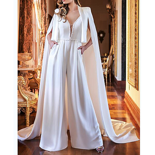 

Two Piece Jumpsuits Wedding Dresses V Neck Sweep / Brush Train Polyester Sleeveless Country Plus Size with Crystals 2021