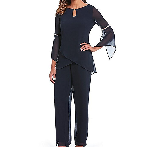 

Pantsuit / Jumpsuit Mother of the Bride Dress Elegant Jewel Neck Floor Length Chiffon 3/4 Length Sleeve with Beading 2021