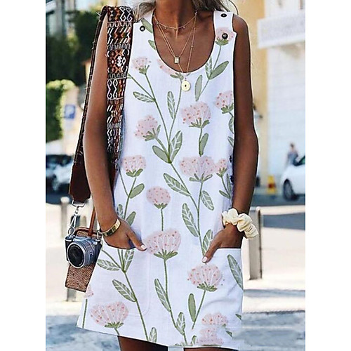 

Women's Shift Dress - Sleeveless Floral White S M L XL XXL XXXL