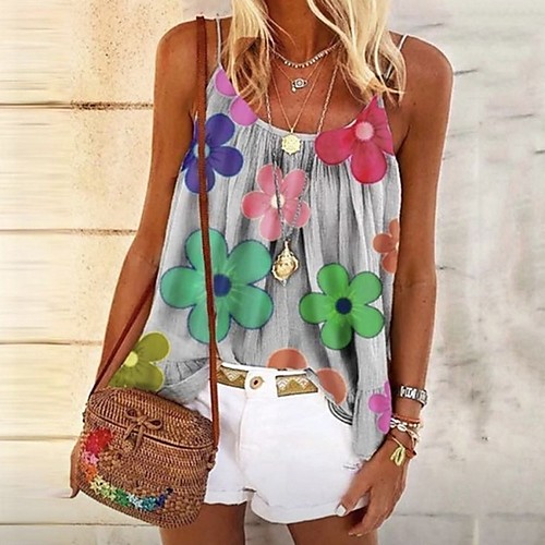 

Women's Blouse Shirt Floral Flower Print Strap Tops Basic Top White Black Blue