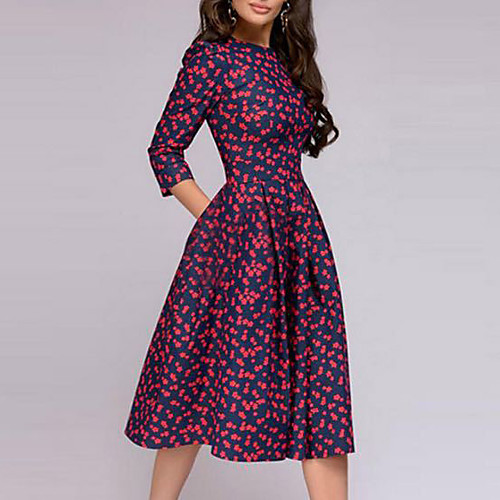 

Women's A Line Dress - Sleeveless Floral Pleated Patchwork Print Crew Neck Elegant Belt Not Included White Red S M L XL XXL