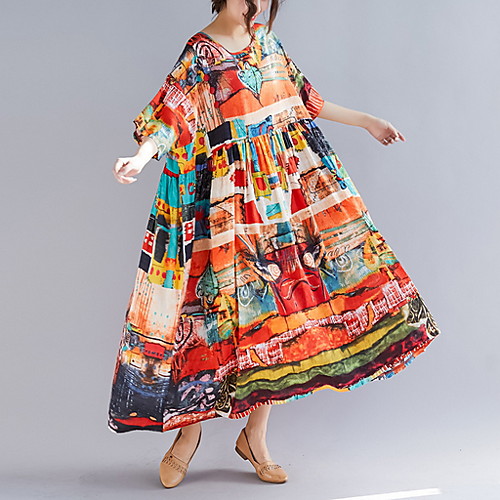 

Women's Maxi Shift Dress - Half Sleeve Geometric Elegant Loose Red One-Size