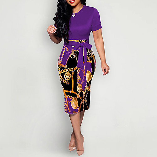 

Women's Sheath Dress Knee Length Dress Blue Purple Red Wine Army Green Green Short Sleeve Geometric Round Neck Elegant S M L XL XXL