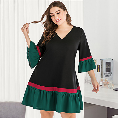 

Women's A Line Dress Short Mini Dress Green 3/4 Length Sleeve Solid Color Color Block V Neck Casual Streetwear Flare Cuff Sleeve L XL XXL 3XL 4XL / Plus Size