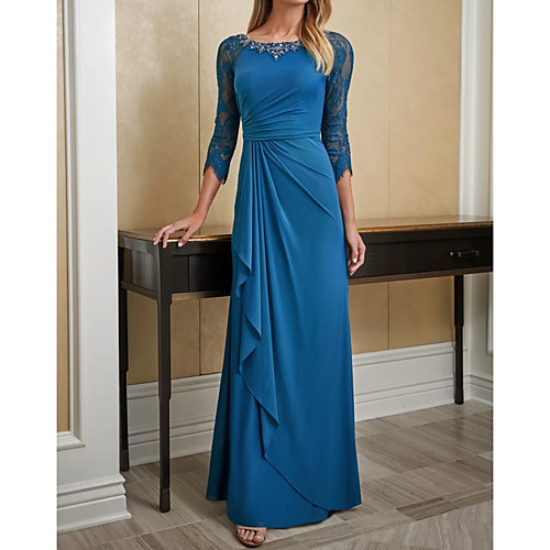 

Sheath / Column Mother of the Bride Dress Elegant Jewel Neck Floor Length Chiffon 3/4 Length Sleeve with Lace Pleats Beading 2021