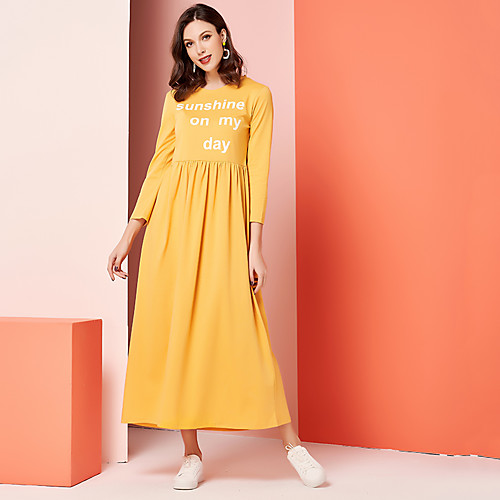 

Women's A-Line Dress Maxi long Dress - Long Sleeve Solid Color Casual Cute Daily Work Yellow S M L XL XXL