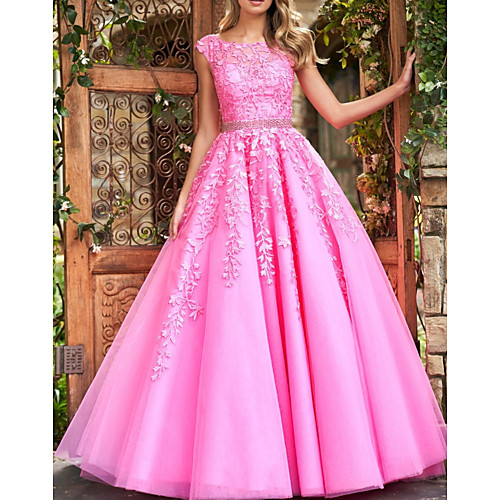 

Ball Gown Floral Quinceanera Prom Dress Illusion Neck Sleeveless Court Train Polyester with Crystals Appliques 2021