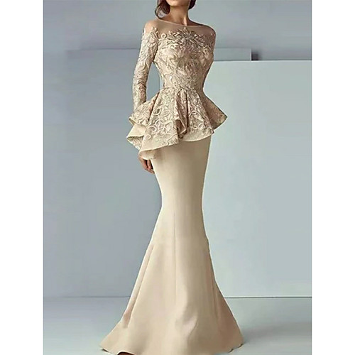 

Mermaid / Trumpet Peplum Gold Wedding Guest Formal Evening Dress Illusion Neck Long Sleeve Sweep / Brush Train Satin with Lace Insert 2020