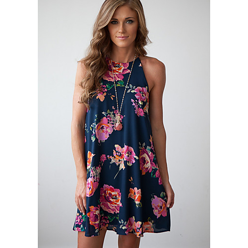 

Women's Shift Dress Short Mini Dress Blue Sleeveless Floral Round Neck S M L XL XXL