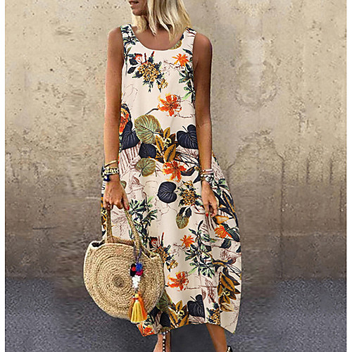 

Women's Plus Size Maxi Loose Dress - Sleeveless Floral Leaf Print Summer Boho Holiday Vacation Beach Loose 2020 Red Yellow Navy Blue M L XL XXL XXXL XXXXL XXXXXL